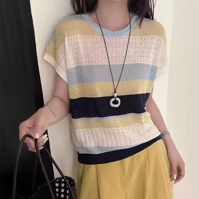 

Women Clothing Vintage Striped Patchwork T-shirt Summer Short Sleeve Loose Casual Thin Breathable Pullovers