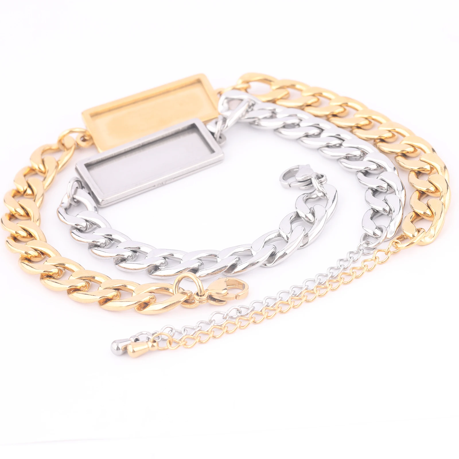 2pcs Stainless Steel Gold Plated Chain Bracelet Base Blanks Fit 10x25mm Rectangle Cabochon Bezel Settings For Jewelry Making - view 2