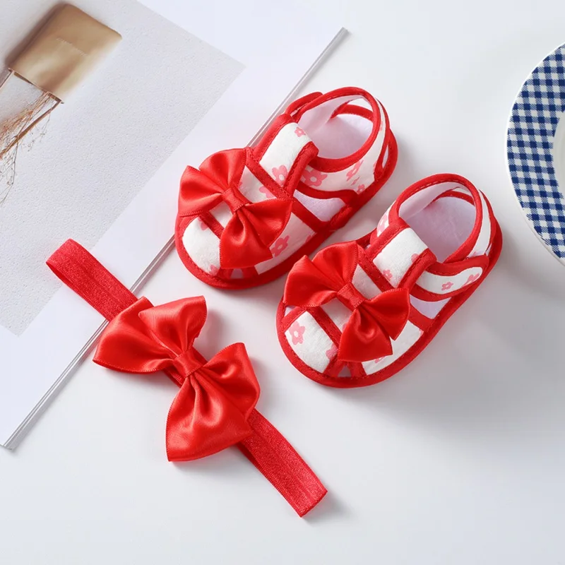 

0-18M Summer Baby Girl Cute Bowknot Sandals Shoes + Hair Band Infant Toddler Non-slip Princess First Walker Baptism Shoes