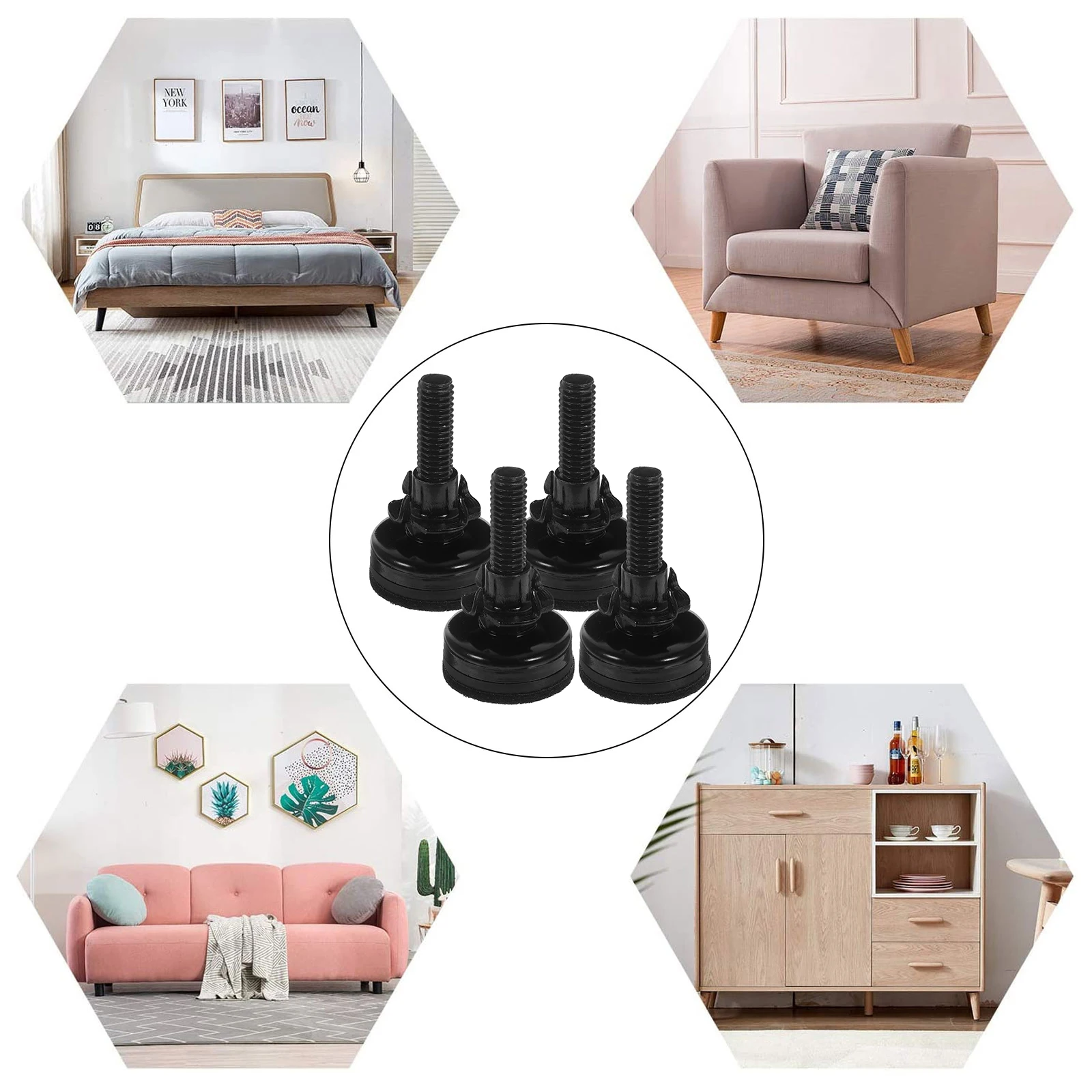 

4 Sets Heavy duty Adjustable Leveler Legs Black PP Base Carbon Steel Furniture Shims Desk Feet Table Chair Stabilizers