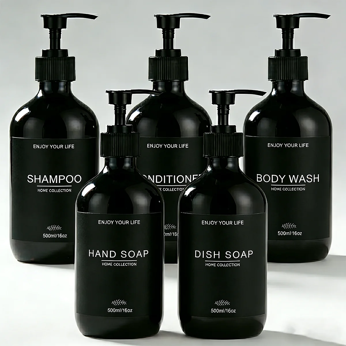 Conjunto de Dispensadores de Sabonete para Chuveiro Preto Brilhante Recarregável para Shampoo, Condicionador e Sabonete Líquido com Etiquetas Impermeáveis para Banheiro
