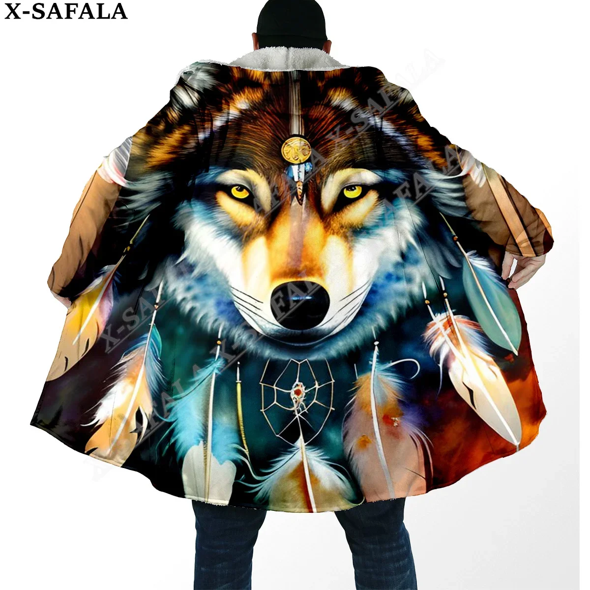 

Native Dream Catcher Wolf Art Moon 3D Print Dream Cloak Thick Warm Hooded Men Overcoat Coat Windproof Fleece Cape Robe Blanket-2