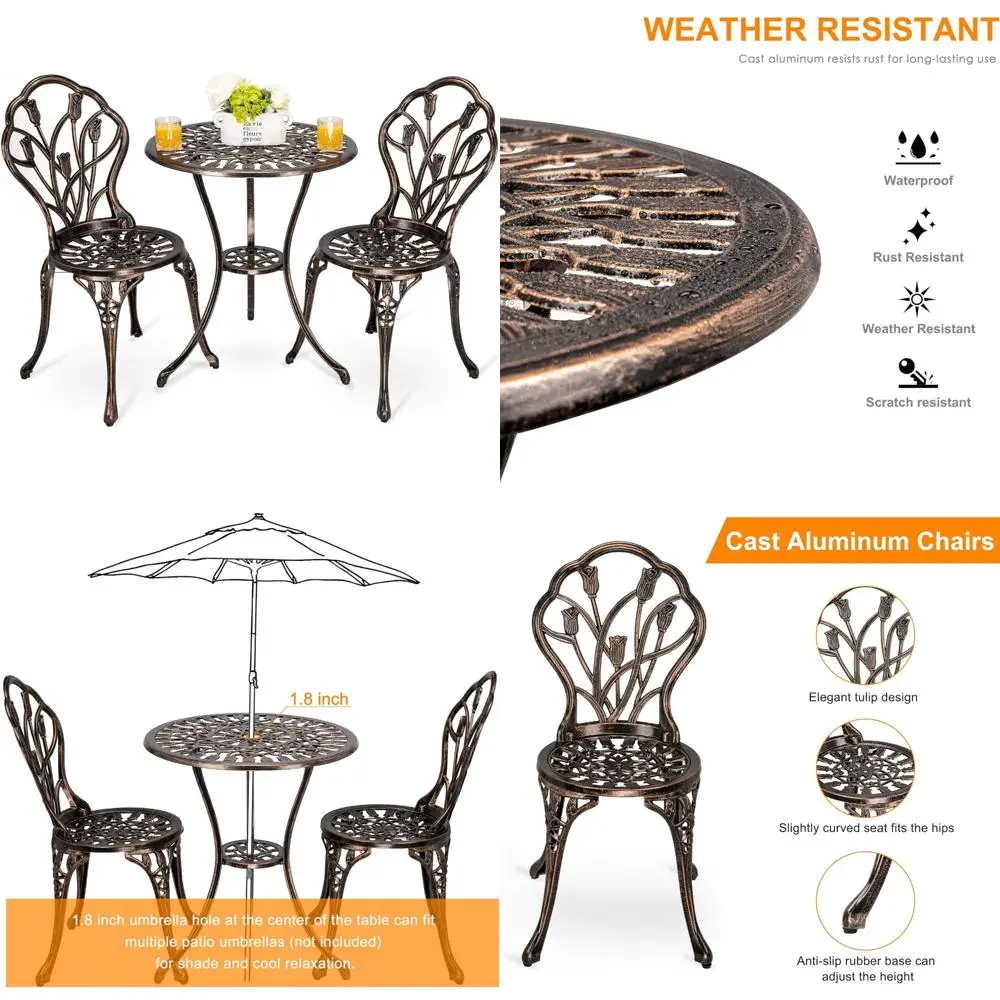 Outdoor Patio Bistro Set with 2 Chairs, 3-Piece Cast Aluminum Tulip Pattern Table Set for Garden and Balcony, Durable Aluminum C