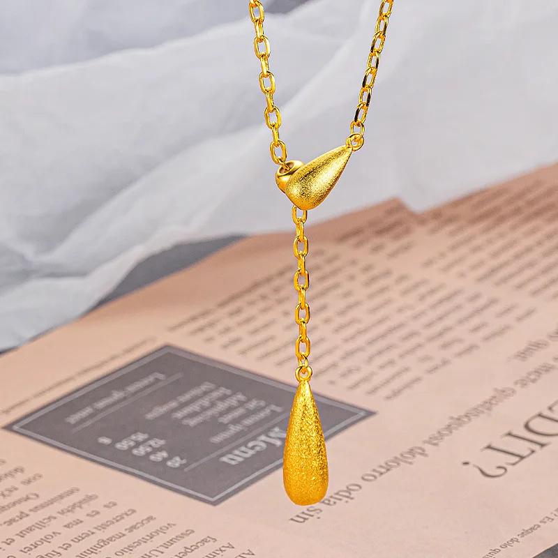 Niche design necklace 9999 24K Real Gold light luxury womens brushed craft water drop adjustable clavicle chain necklace