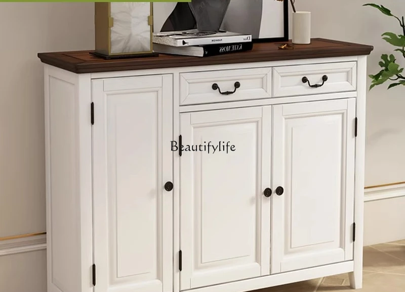 

White pastoral Mediterranean pure solid wood shoe cabinet American three-door entrance cabinet