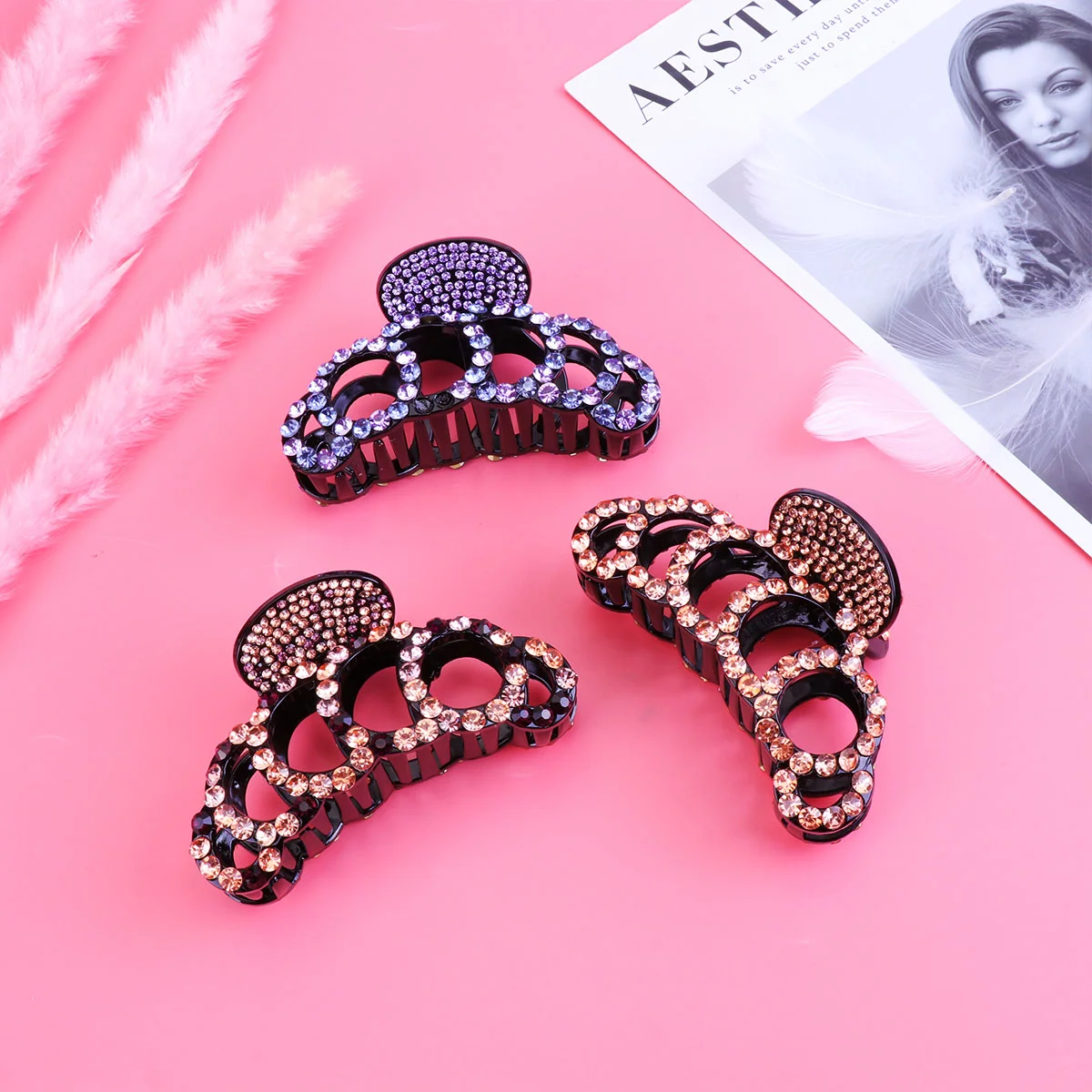 3pcs Rhinestone-studded Grip Clips Stylish Ponytail Clips Elegant Jaw Clips Hair Accessories for Women Girls (Violet, Purple , )