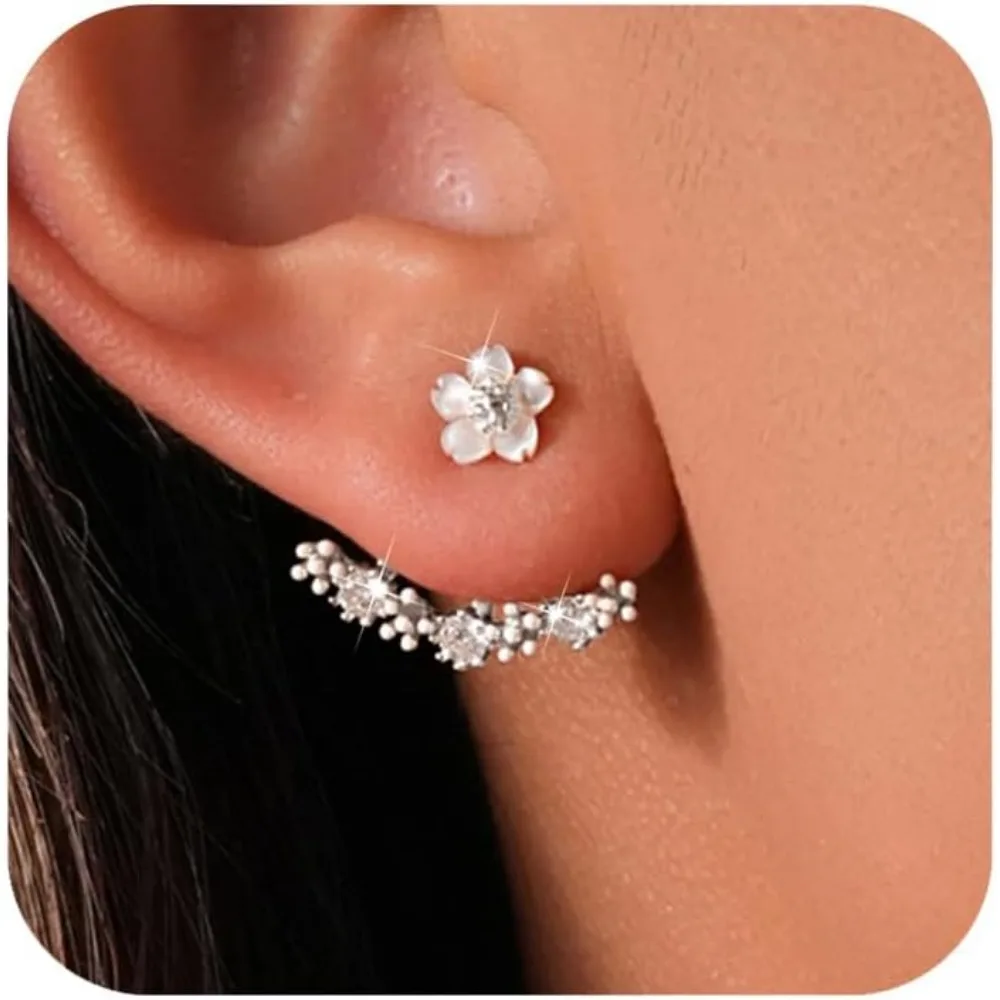 

14K Gold Plated Flower Ear Jacket Earrings Sterling Silver CZ Floral Stud Resin Jewelry Gift