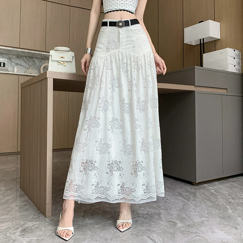 

Temperament Fashion High Street Lace Crochet White Long Skirts for Women Summer Korean Belted High Waist A-line Loose Midi Skirt