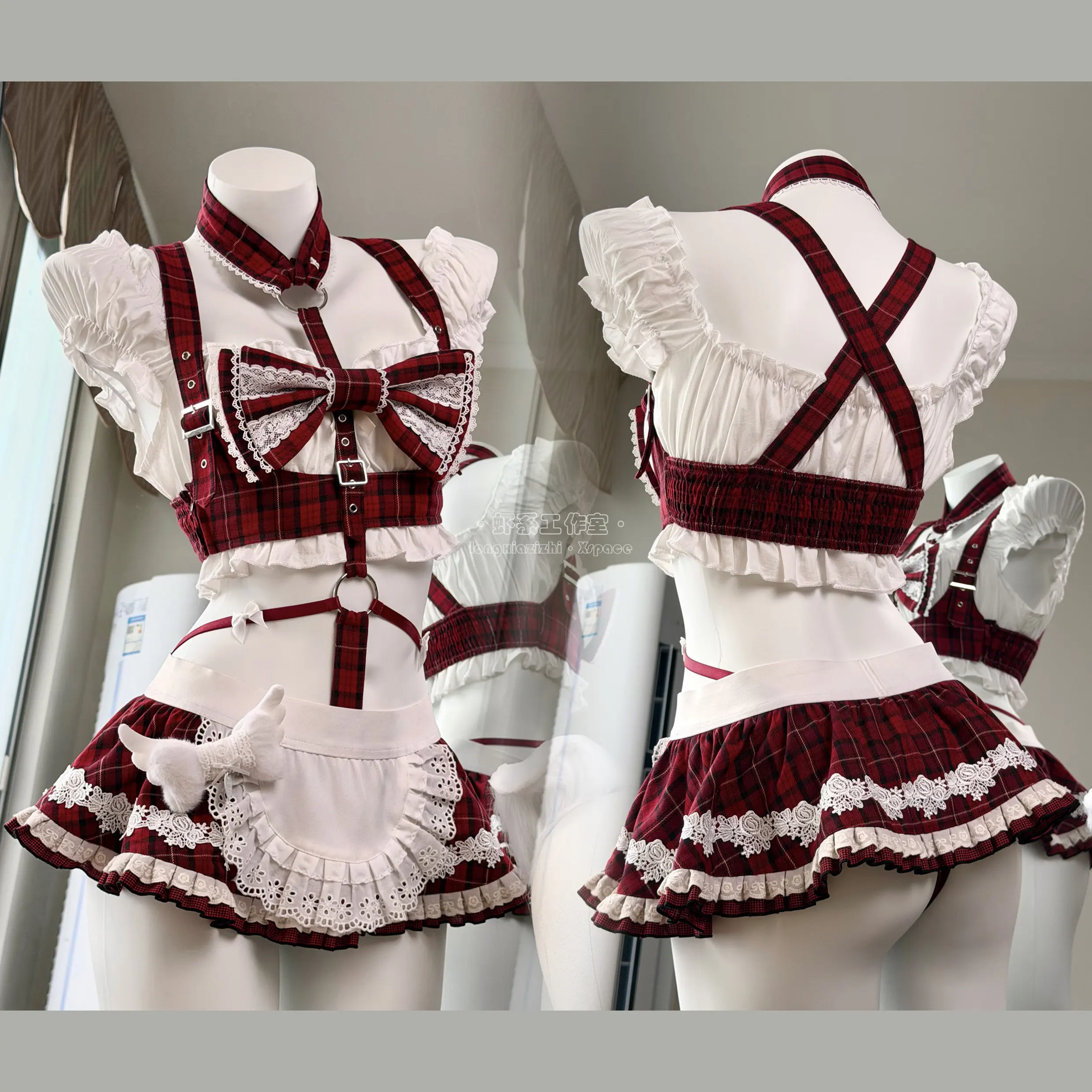 Kawaii Red Plaid Maid Cosplay Costume Sweet Bunny Girl Outfit Lace Bow Harness Mini Skirt Lolita Role Play Lingerie Set Women - view 5