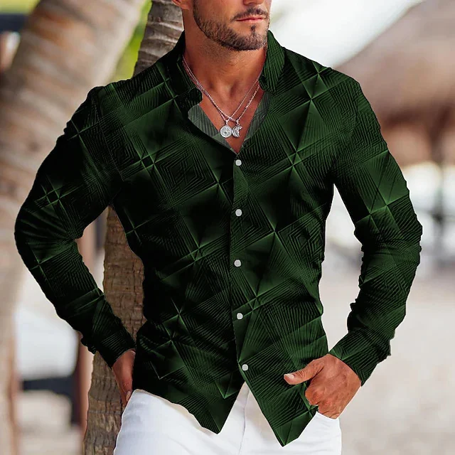 Camisa listra gradiente justa masculina, camisa estampada em 3D, blusa de manga comprida, roupa de lapela, moda formal, primavera, verão, novo estilo