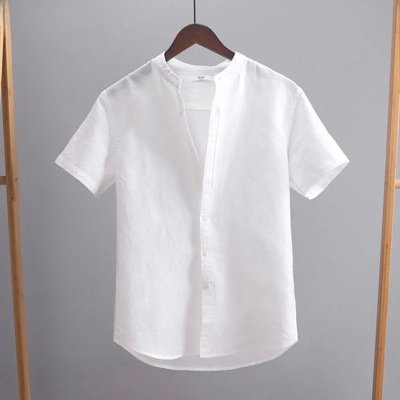 

Summer Short Sleeve Stand Collar Linen Shirt Men Casual Cotton Linen Shirt Youth Loose Soft Cotton Linen Top Thin