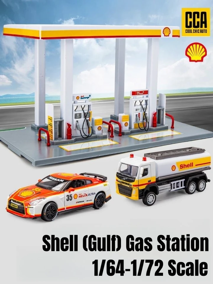 1:64ガスステーションのおもちゃモデル,gulf & shellミニカー,子供向け