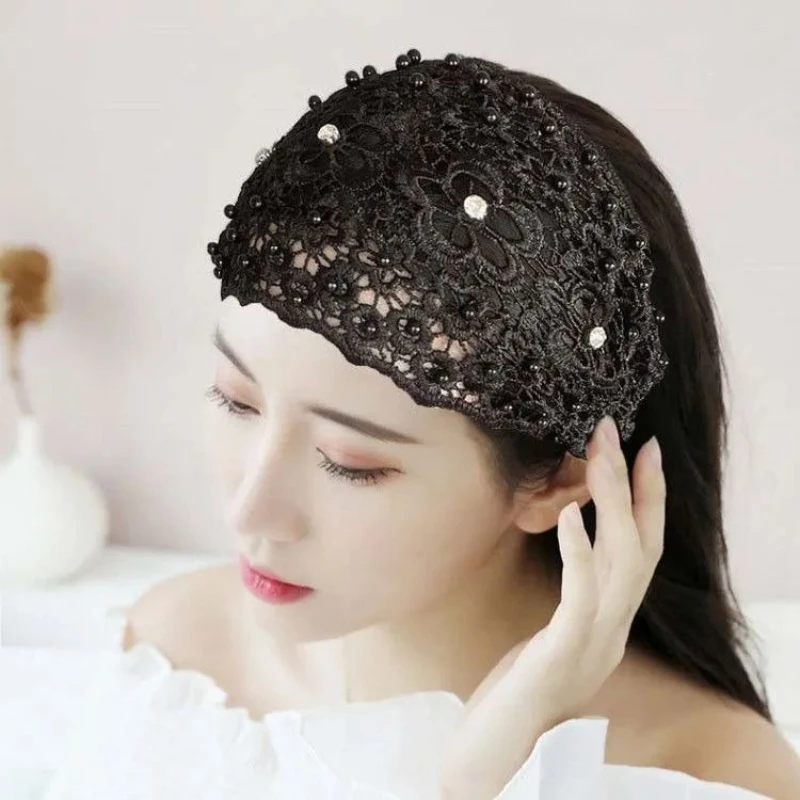 

Women Girl Lace Hollow Bead Hair Accessories Mother Headdress Elastic Hairband Wide Edge Korean Style Headband 2026 New Headwear