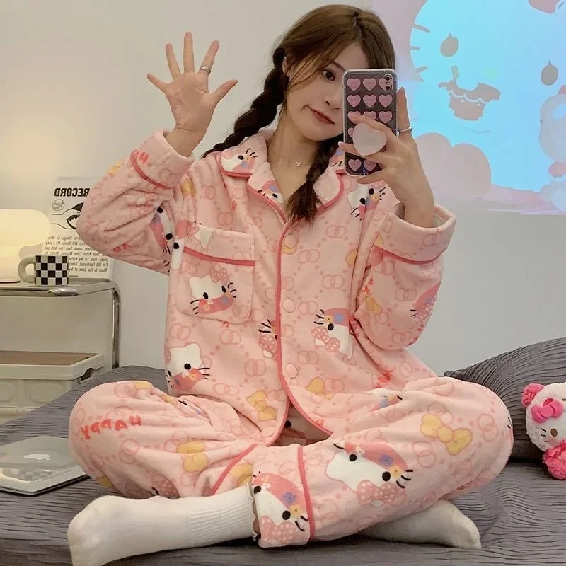 Cute Sanrio Hello Kitty Kuromi My melody cartoon kawaii pajamas for women winter flannel warm thickened loose home clothes