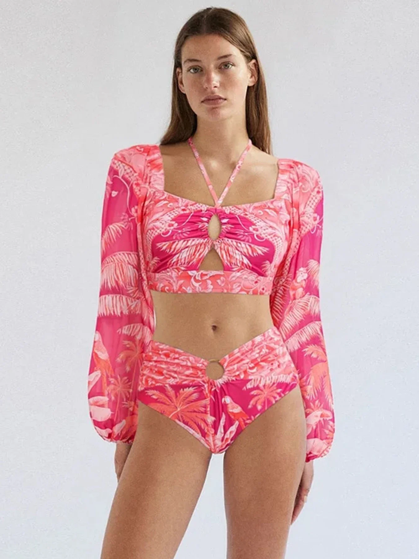 

2025 New Print Long Sleeve Bikini Sets Swimsuit For Women High Waist Swimwear Female Two Pieces Bathing Suit Summer Beachwear XL