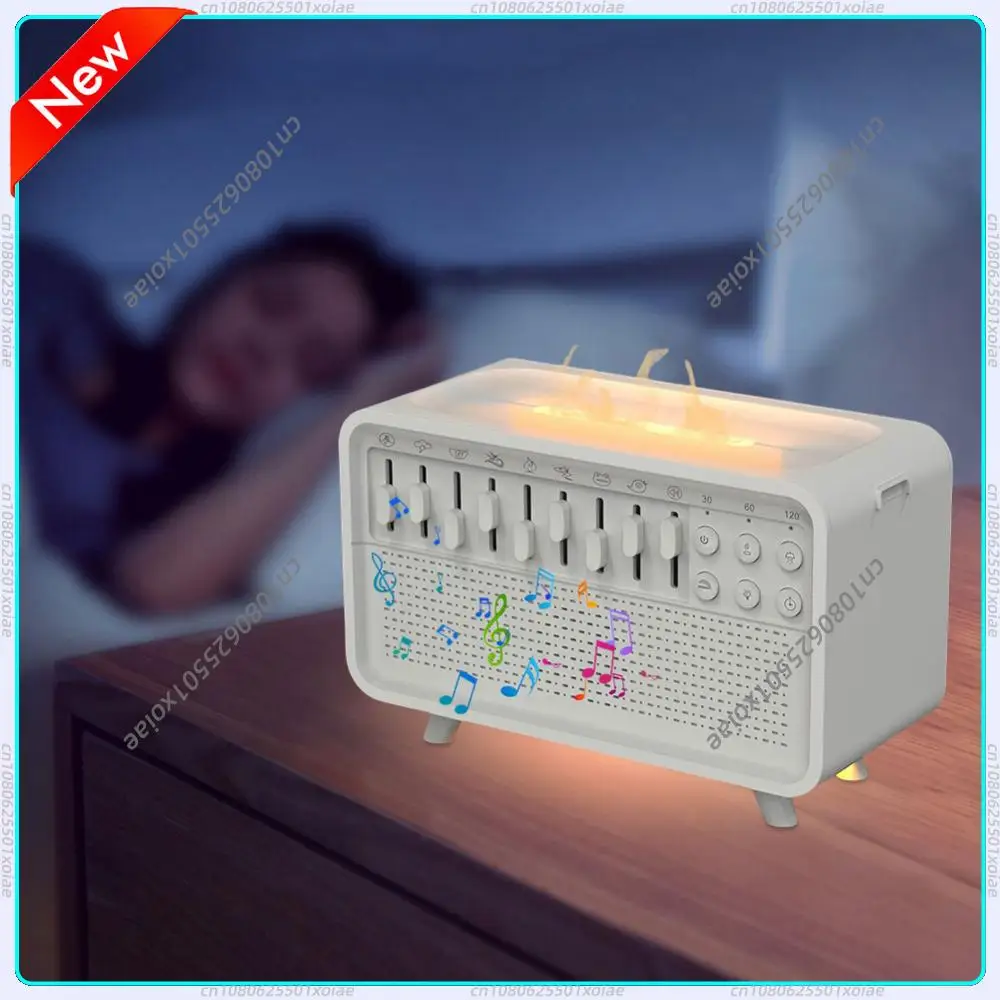 

White Noise Machine Flame Air Diffuser Humidifier with 8 Nature Sounds BT Speaker Night Light Essential Oil Diffuser for Bedroom