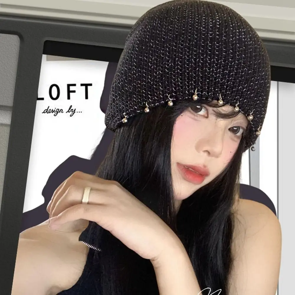 Cute Nail Beads Decorative Beanies Black Wool Hat Sequin Knitted Hat Korean Warm Cap Knit Cap Girls