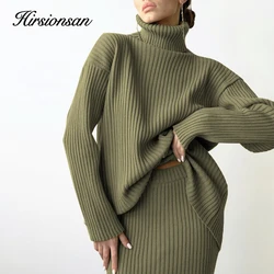 Hirsionsan-Conjuntos elegantes de malha para mulheres, suéter com gola tartaruga e saia midi, roupas quentes femininas com saia, casuais 2 peças, novo, 2023