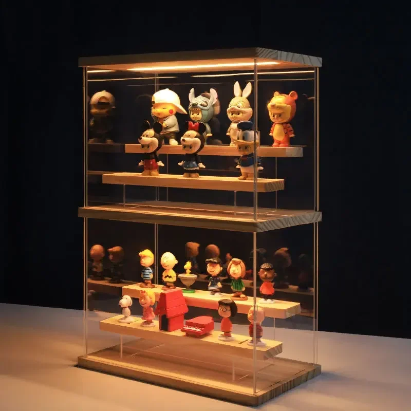 

3 Tier Riser Display Stand Case Led Light Clear Acrylic Showcase with Wooden Shelves Storage Box Figure Riser Perfume Displaying