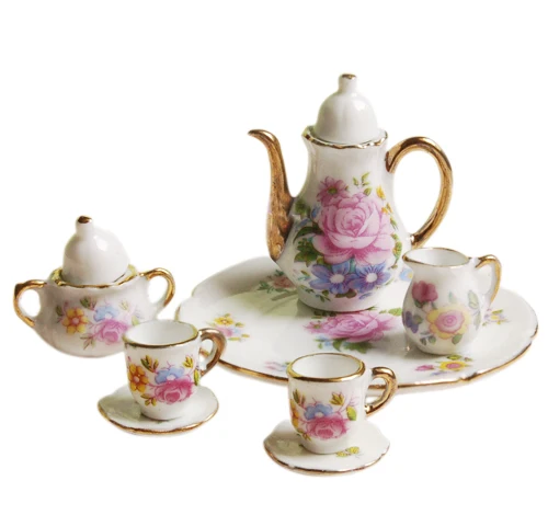 Nieuwkomer Klassiek Speelgoed Voor Kinderen 8-delig Poppenhuis Miniatuur Servies Porseleinen Theeservies Beker Bord-Roze Roos Hete Verkoop