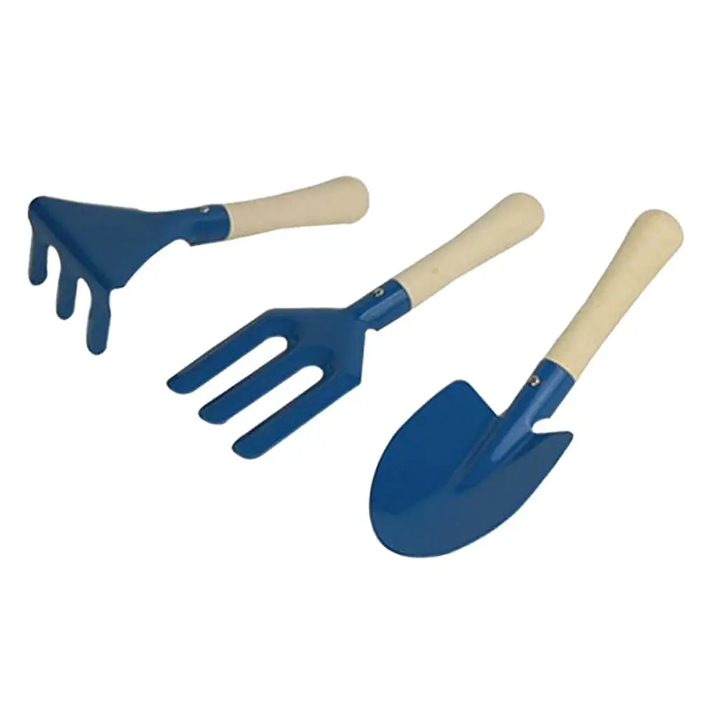 3 Stuks Kinderen Tuingereedschap, Houten Handvat Hark Shovel Vork Set, Strand Kit Voor Jongens En Meisjes