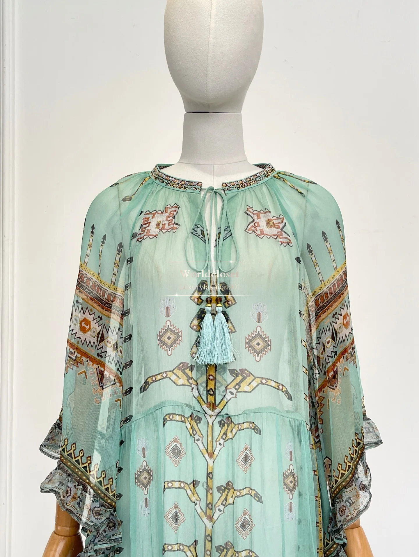 

Mint Green Boho Floral Print Sheer Chiffon Batwing Sleeve Tassel Tie Maxi Dress