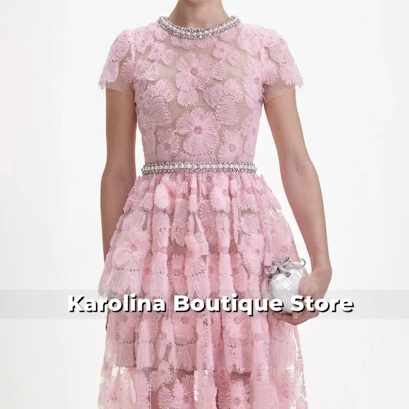 Vestido de fiesta de encaje de lujo personalizado cuello redondo manga corta cuello alto perlas rebordear vestido de fiesta árabe vestidos de noche