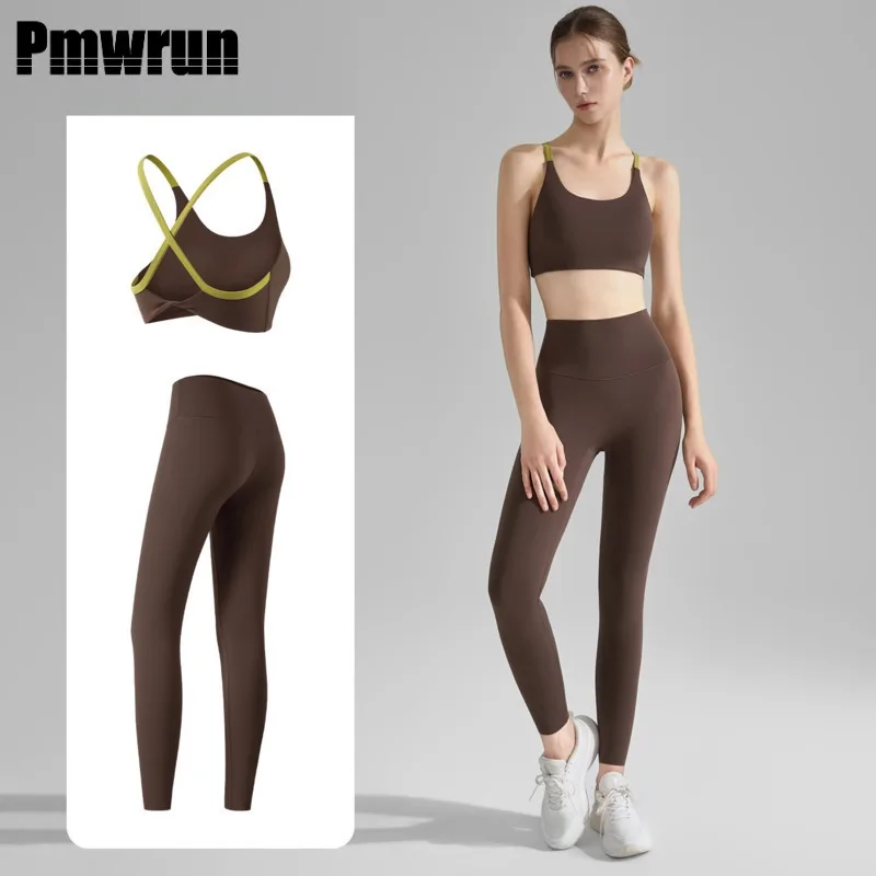 

PMWRUN 2025 Yoga Two-piece Set Nude Feel Cross Back Yoga Vest Yoga Suit For Women Gym Legging Pocket Butt-Lifting Yoga Pants