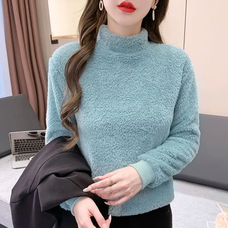 Autumn Winter New Fashion Long Sleeve Half High Collar Solid Coral Fleece Women's Clothing Bottoming Shirt Korean All-match Tops