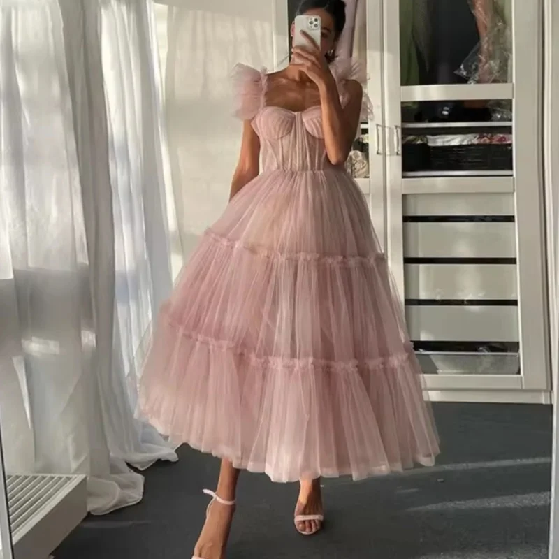 핑크 댄스 파티 드레스 스퀘어 칼라 홀터넥 A 라인 이브닝 드레스 Tull Quinceanera 드레스 우아한 Draped 생일 드레스 맞춤형