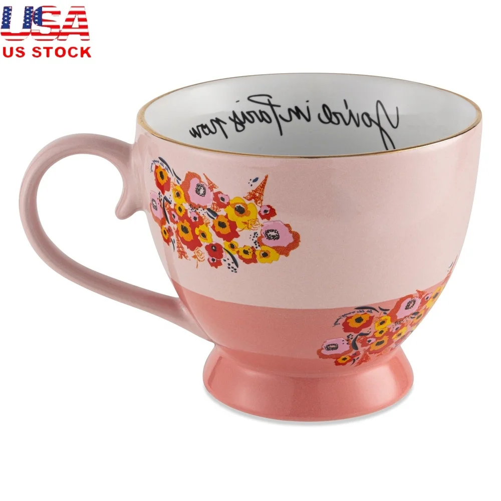 

Ceramic Tea Mug 14.8 fl oz Pink Floral Design Ideal Coffee Tea Cozy Kitchen Office Use Dishwasher Safe