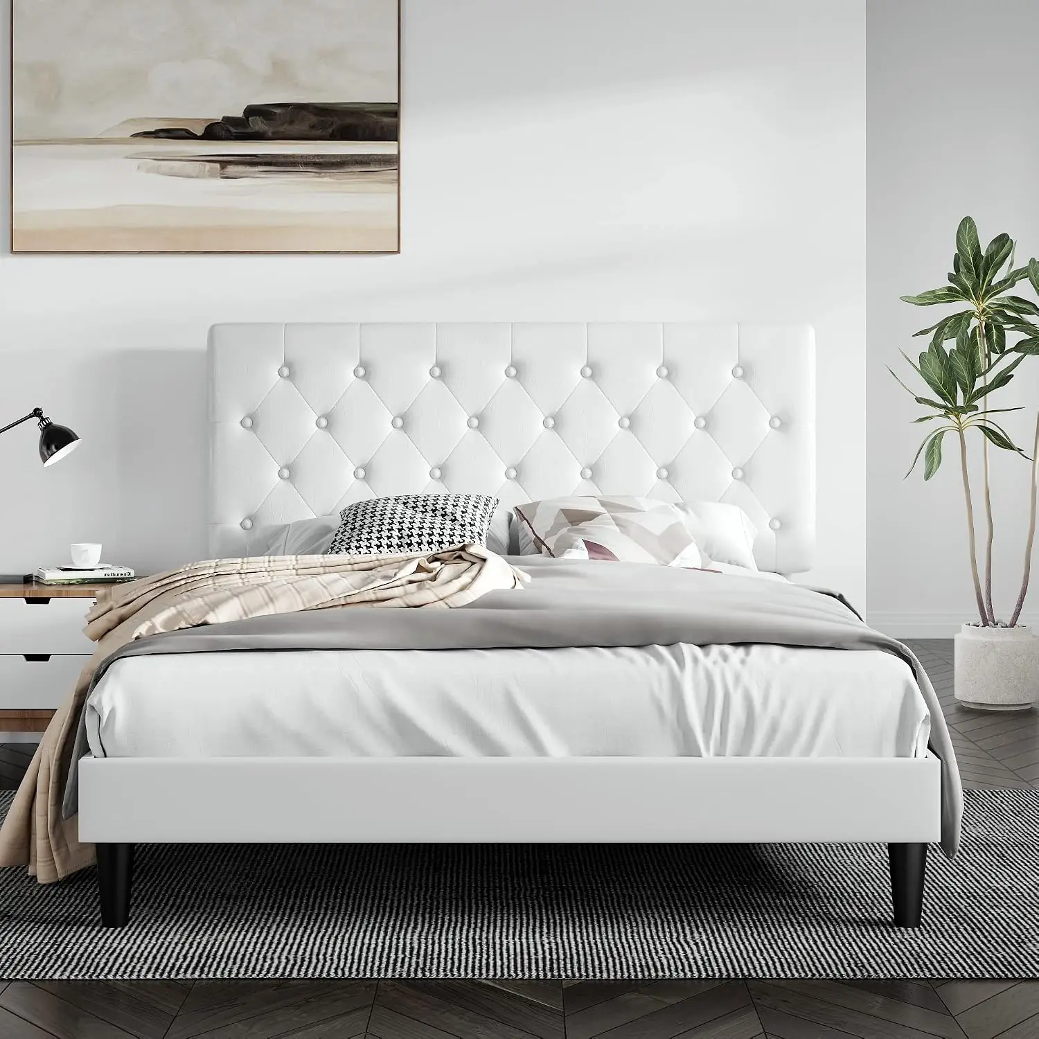 Full Size Upholstered Bed Frame With Button Tufted Headboard For Bedroom, White, Customized