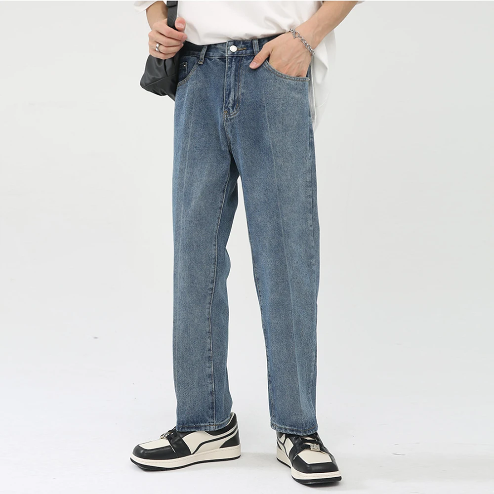 

Korean Blue Port Style Vintage Jeans for Men Loose Straight Casual Fashion Cropped Pants Trousers Male