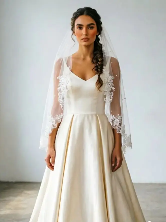 

Boho Wedding Veil Fingertip Length Single Layer Tulle Pearl Embellished Lace Appliques Scattered Pearls Bridal Accessories G184