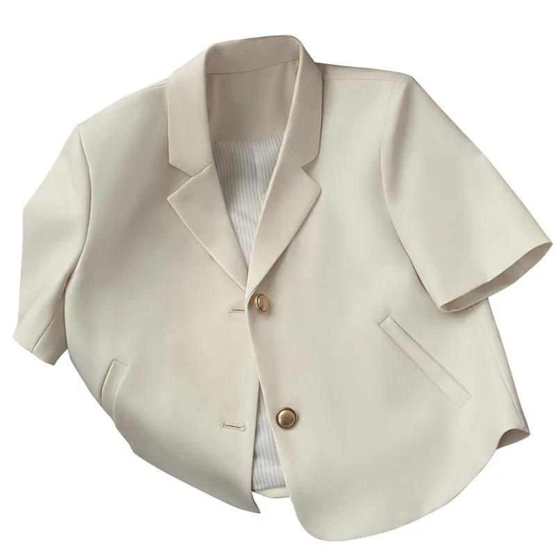 Fashionable Women's Beige Short Sleeve Single-breasted Short Top Summer Elegant Office Jacket Top Street Wear Korean Style Trend
