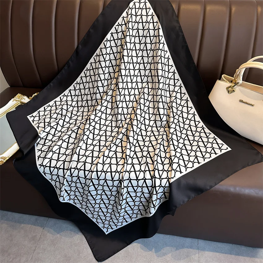 New Fashion Luxury Printing 90*90CM Women Scarf Satin Twill Square Big Shawl Elegant Headscarf Beach Sun Protection Bandana
