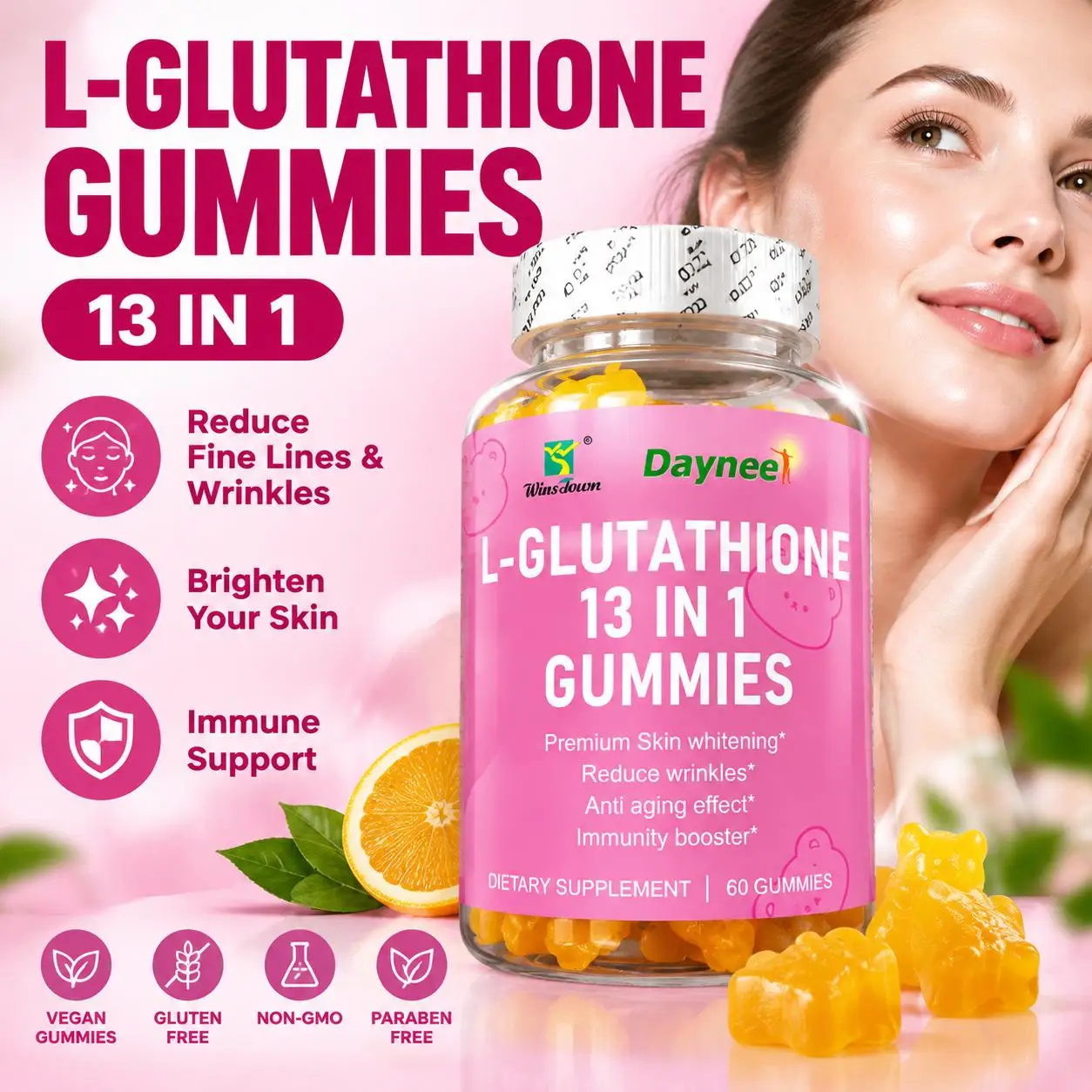 L-Glutathione 13 in 1 Gummies Supports Daily Skin Brightening Immune Health Collagen Vitamin C Biotin Hyaluronic Acid 60 Gummies