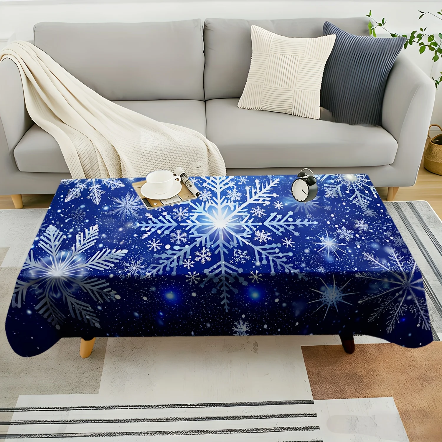 Blue Glowing Snowflake Tablecloth, Soft Rectangular Washable Table Cover for Daily Dining & Warm Family Gathering Decoration