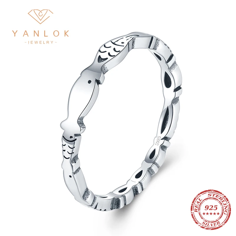 YANLOK New 925 Sterling Silver Adjustable Cute Small Fish Finger Rings for Women Female Simple Chic Animal Rings Jewelry Gift