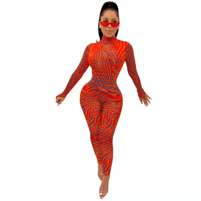 

Long Sleeve Sexy Bodycon Jumpsuits Women Autumn Overalls One Piece Print Romper Women Long Trousers Night Club Party Jumpsuit