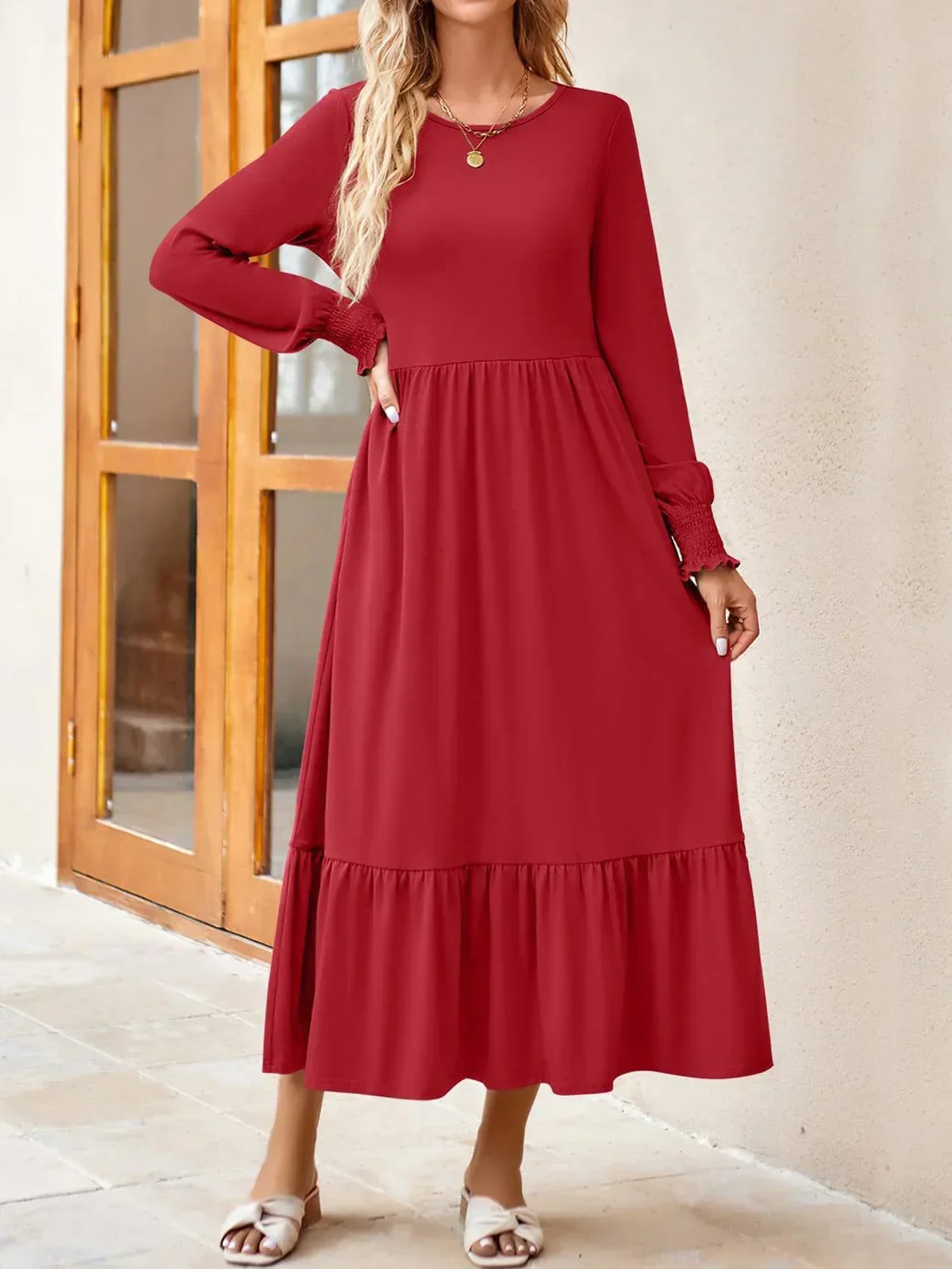 우아한 캐주얼 솔리드 Pleated 계층화 된 느슨한 주머니 긴 소매 여성 드레스 2023 가을 느슨한 컴포트 여성 드레스