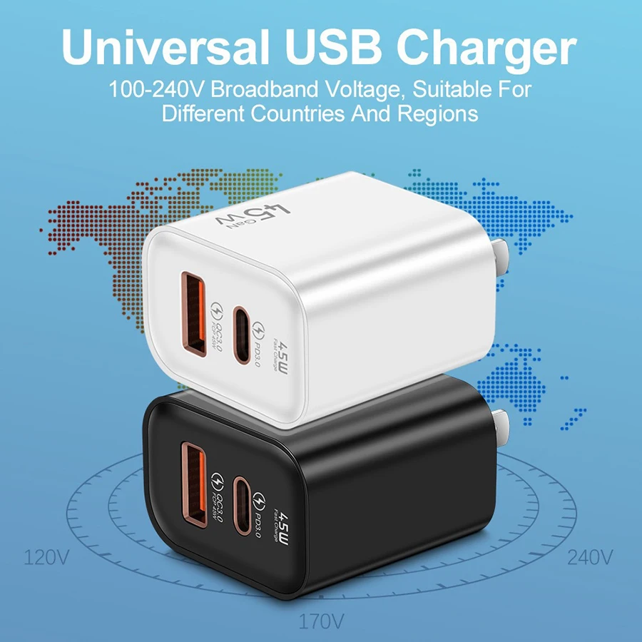 45W GaN Fast Charger Dual Port USB C PD3.0 QC3.0 Quick Charging Block Fireproof PC Wall Adapter For Smart Mobile Phones