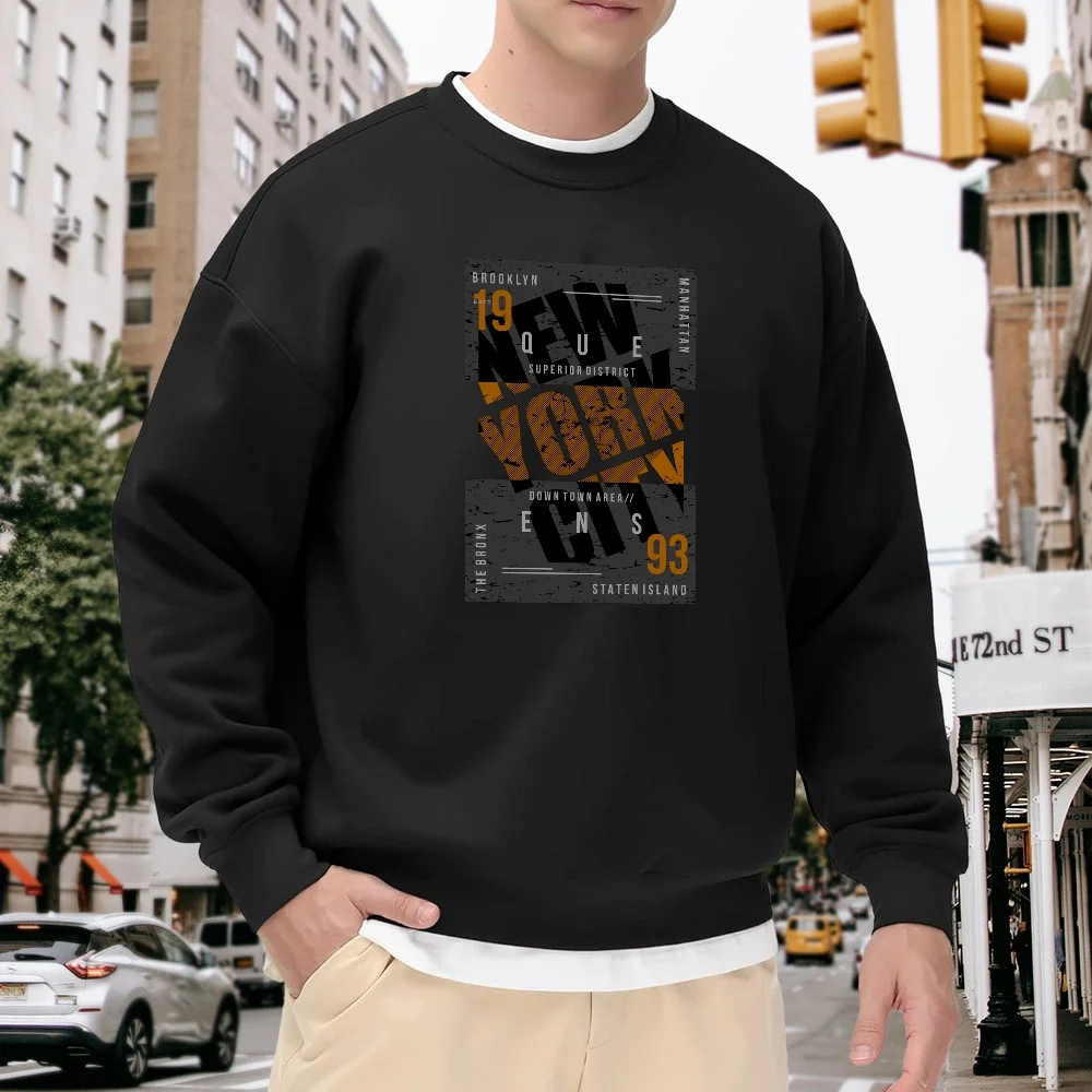 

Men's Black Crew Neck Loose Printed Sweatshirt, Vintage New York Letter Pattern Pullover, Everyday Street Casual Top, Versatile Trendy Style