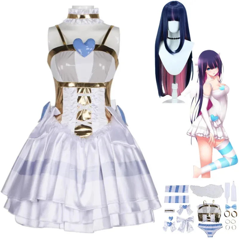 Panty de Anime con medias con cinturón de liga, disfraz de Cosplay de anarquía, vestido de princesa blanco, peluca de ala de Lolita, traje de fiesta Sexy para mujer 5ftu^