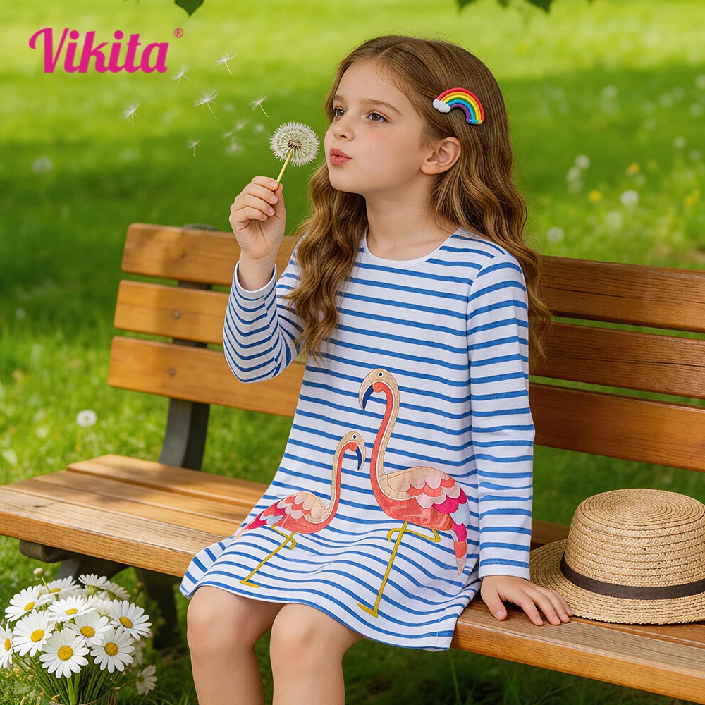 VIKITA Girls Flamingo Appliqued Dress Long Sleeve Blue White Striped Cotton Casual Daily Straight Sports Dress Kids Clothes