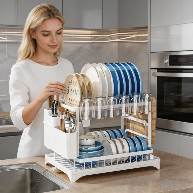 

Home Kitchen 1pc Double Layer Dish Drain Rack Countertop Tableware Storage with Chopsticks Cup Cutting Board Holder for Daily Us