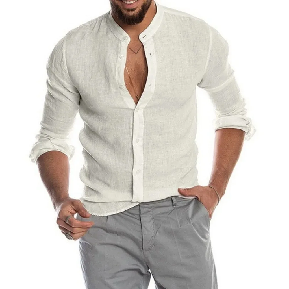 Hot Sale New Summer Solid Color Cotton Linen Men\'s Long-Sleeved Shirts Casual Stand-Up Collar Beach Style Breathable Male Top