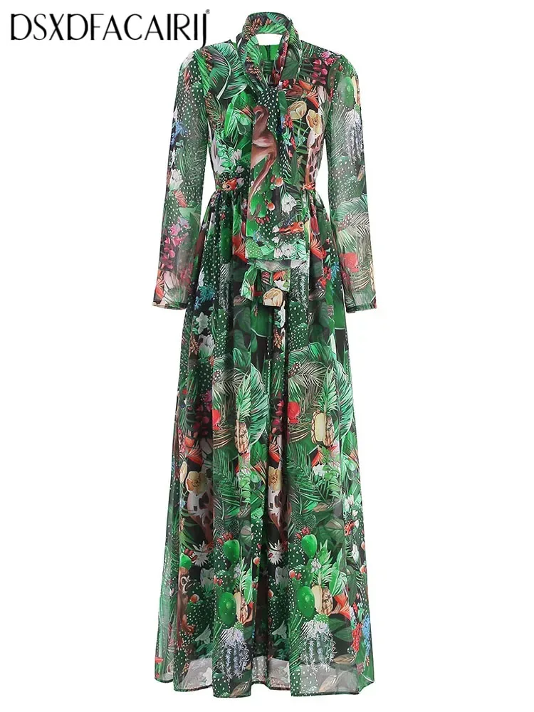 

DSXDFACAIRIJ Women's Bohemian Maxi Dress Lace-Up O-Neck Long Sleeve Rainforest Floral Print Spring Fashion Female