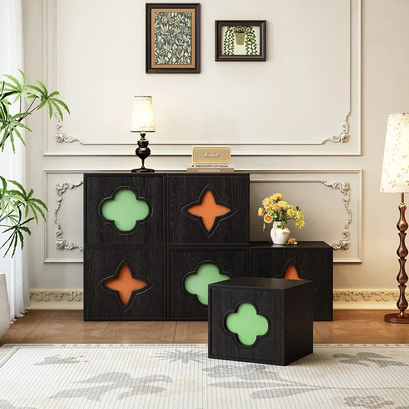 Medieval retro TV cabinet solid wood bedside table bedroom storage locker household safflower green leaf bedside cabinet