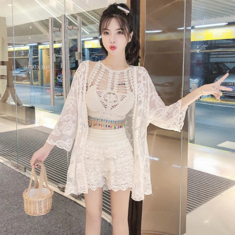 Traje de baño para mujer, conjunto de Bikini para chica, chaleco Bandeau Sexy con espalda descubierta, pantalones cortos, cubierta de estilo bohemio, ropa de vacaciones para Spa, ropa de playa de verano